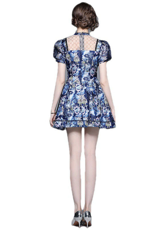 New Blue Bow Wrinkled Print Patchwork Cotton Mid Dress Puff Sleeve LY7447 - fabuloryshop