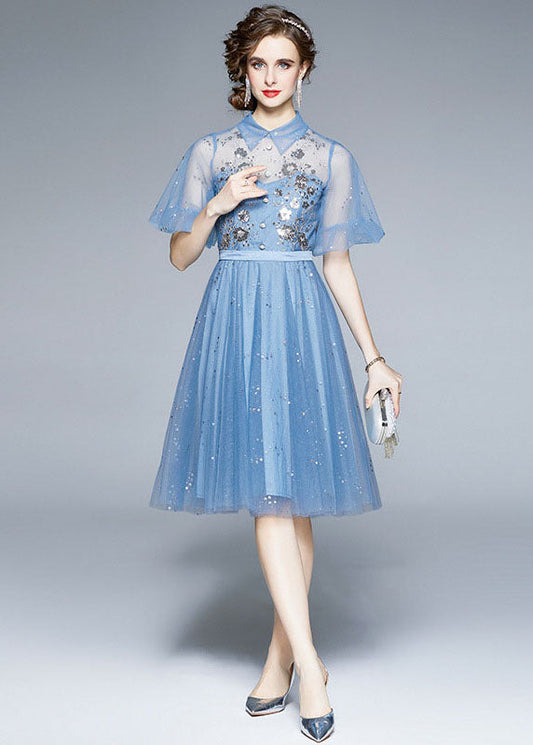 New Blue Embroideried Sequins Patchwork Tulle Mid Dress Puff Sleeve LY7384 - fabuloryshop
