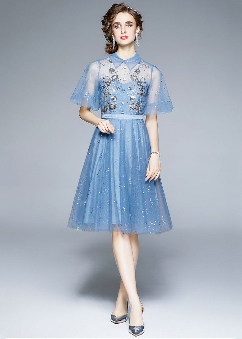 New Blue Embroideried Sequins Patchwork Tulle Mid Dress Puff Sleeve LY7384 - fabuloryshop