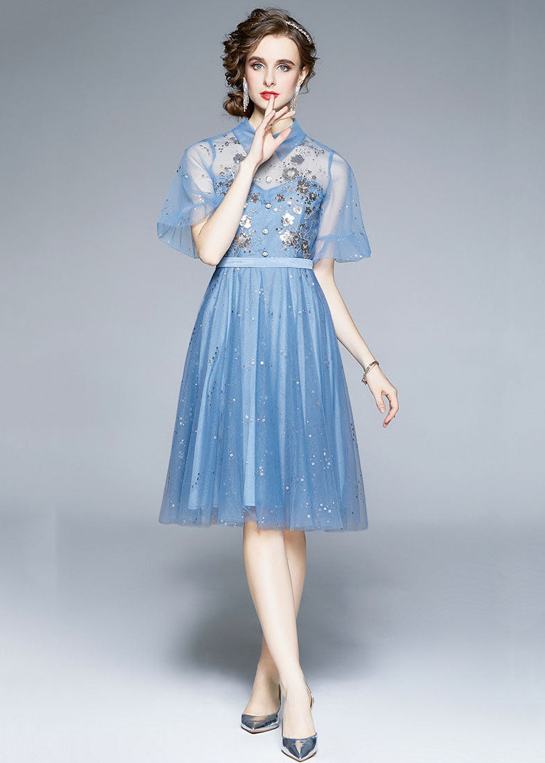 New Blue Embroideried Sequins Patchwork Tulle Mid Dress Puff Sleeve LY7384 - fabuloryshop