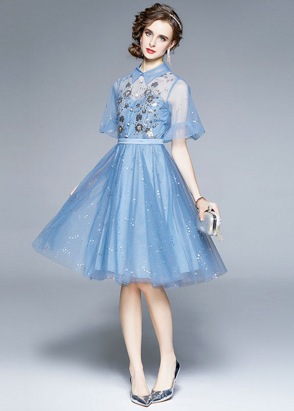 New Blue Embroideried Sequins Patchwork Tulle Mid Dress Puff Sleeve LY7384 - fabuloryshop