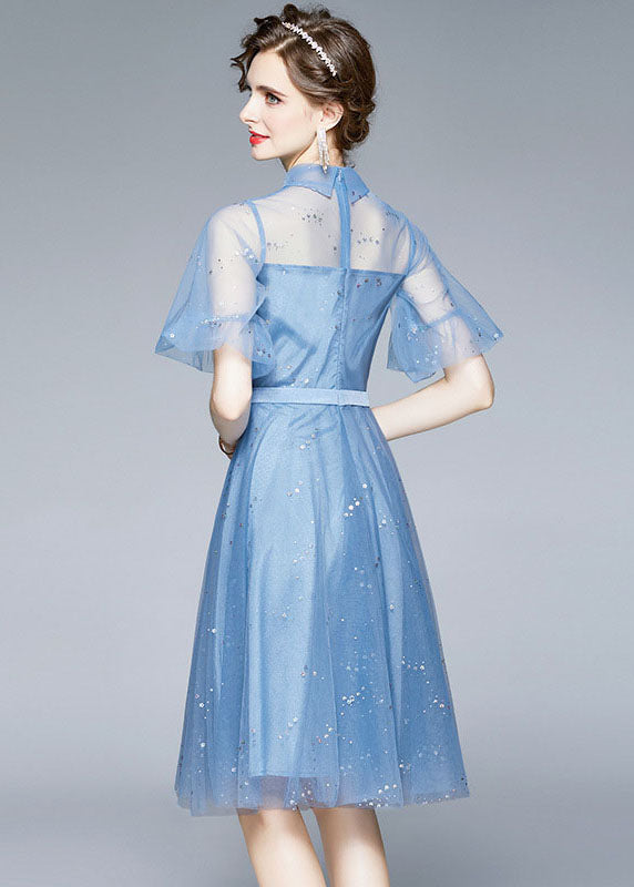 New Blue Embroideried Sequins Patchwork Tulle Mid Dress Puff Sleeve LY7384 - fabuloryshop