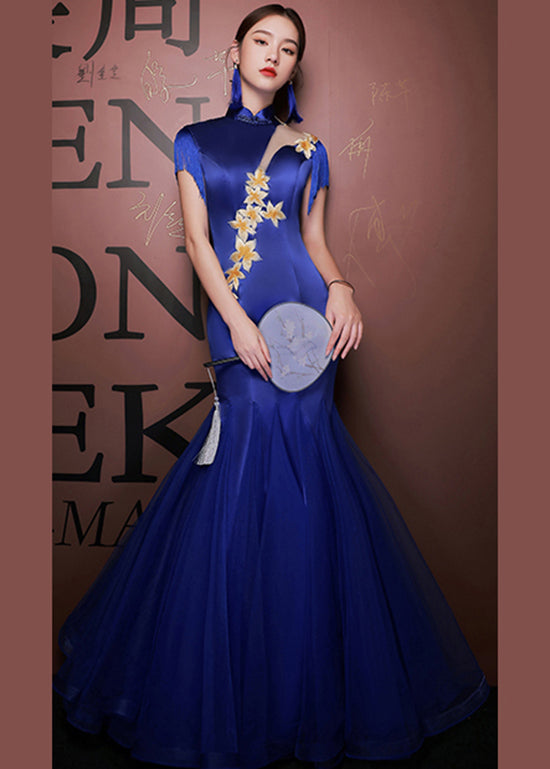 New Blue Embroideried Wrinkled Tulle Patchwork Silk Dress Short Sleeve Ada Fashion