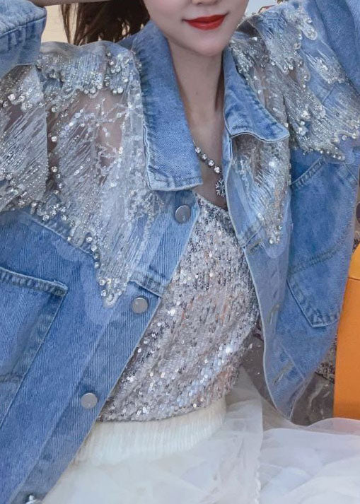 New Blue Embroideried Zircon Patchwork Denim Coats Summer LY5233 - fabuloryshop