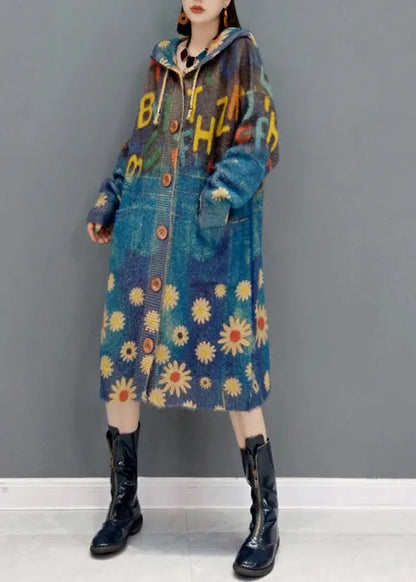 New Blue Hooded Pockets Print Knit Sweater Coat Winter Ada Fashion