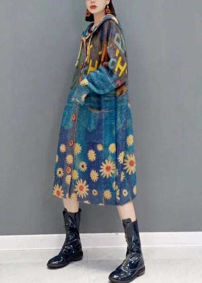 New Blue Hooded Pockets Print Knit Sweater Coat Winter Ada Fashion