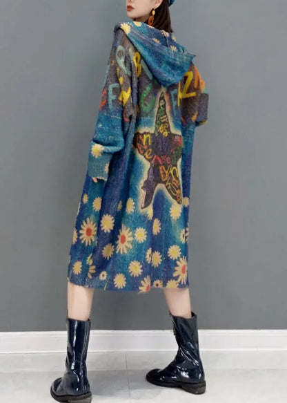 New Blue Hooded Pockets Print Knit Sweater Coat Winter Ada Fashion