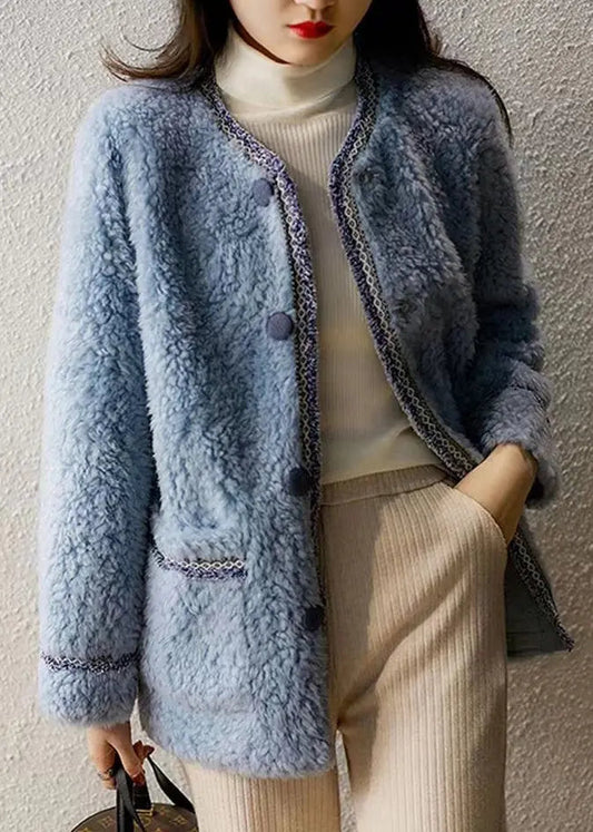 New Blue O Neck Pockets Button Patchwork Woolen Coat Winter Ada Fashion