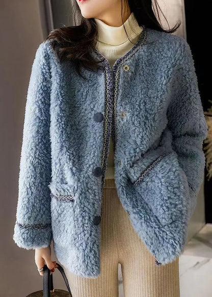 New Blue O Neck Pockets Button Patchwork Woolen Coat Winter Ada Fashion