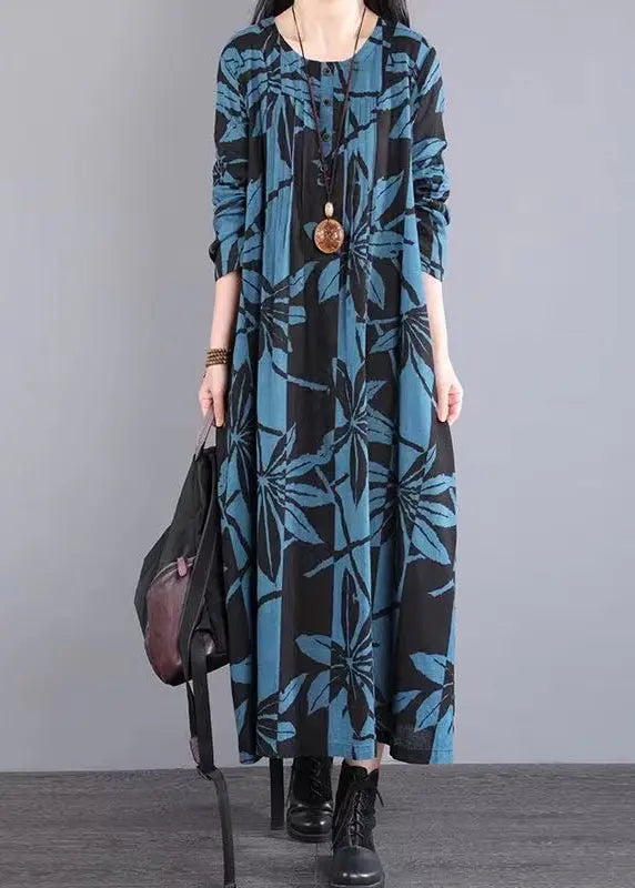 New Blue O Neck Print Wrinkled Patchwork Cotton Long Dress Fall Ada Fashion