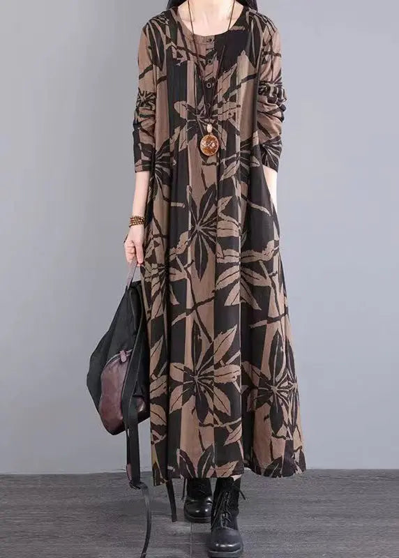 New Blue O Neck Print Wrinkled Patchwork Cotton Long Dress Fall Ada Fashion