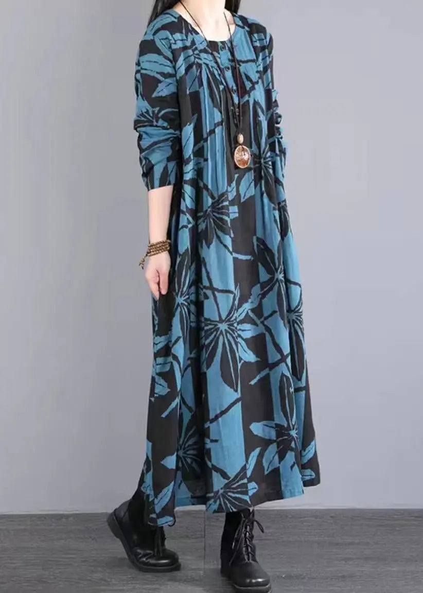 New Blue O Neck Print Wrinkled Patchwork Cotton Long Dress Fall Ada Fashion