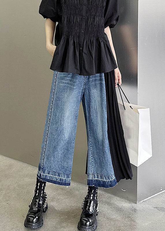 New Blue Pockets High Waist Patchwork Denim Crop Pants Fall Ada Fashion