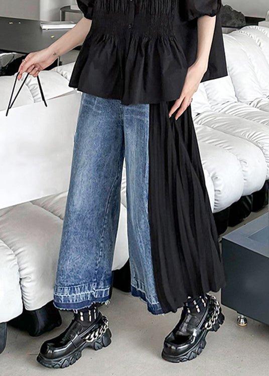 New Blue Pockets High Waist Patchwork Denim Crop Pants Fall Ada Fashion