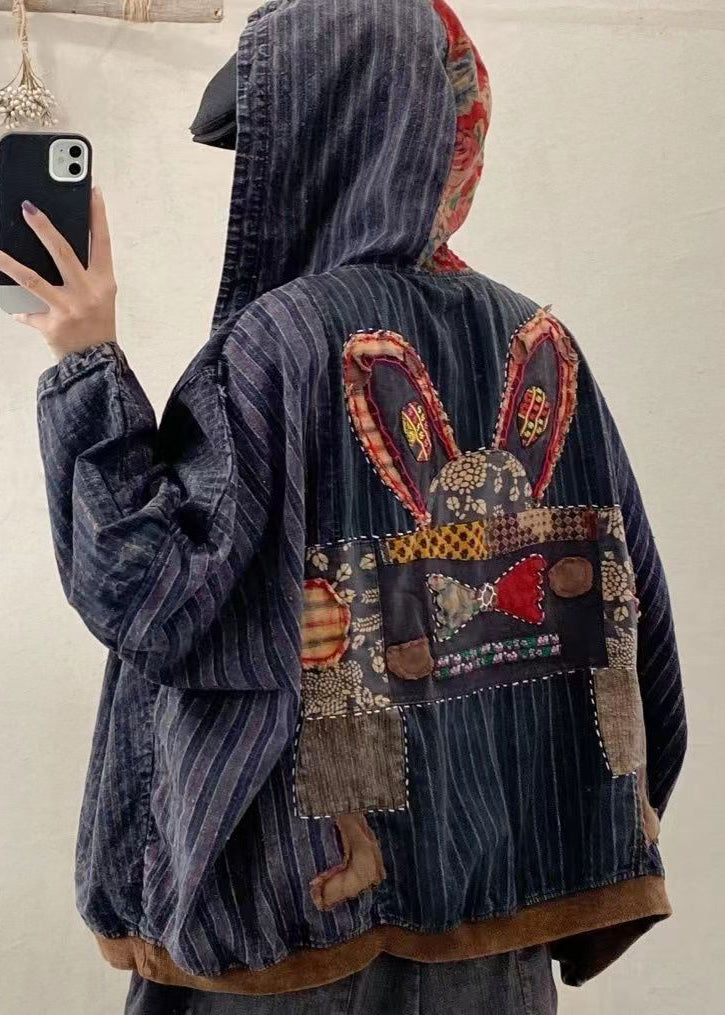 New Blue Pockets Print Patchwork Denim Hooded Coat Fall Ada Fashion