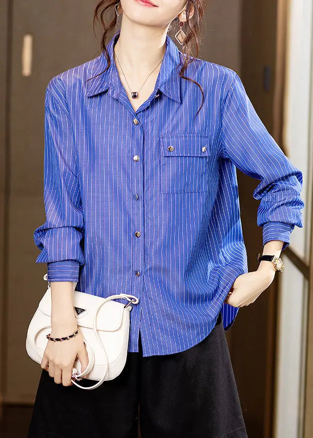 New Blue Striped Button Patchwork Cotton Shirts Long Sleeve Ada Fashion