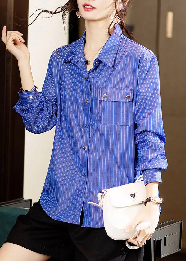 New Blue Striped Button Patchwork Cotton Shirts Long Sleeve Ada Fashion