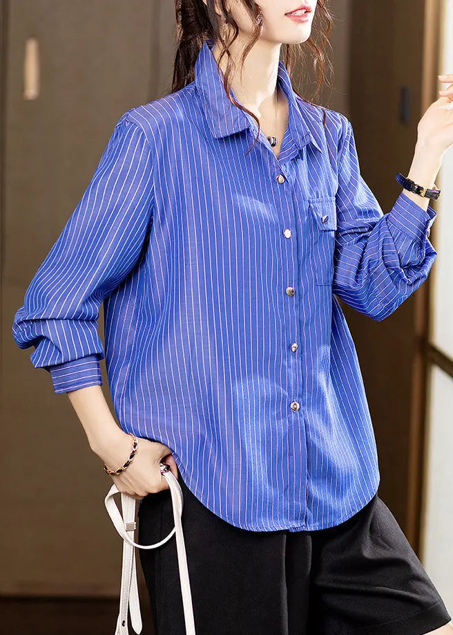 New Blue Striped Button Patchwork Cotton Shirts Long Sleeve Ada Fashion