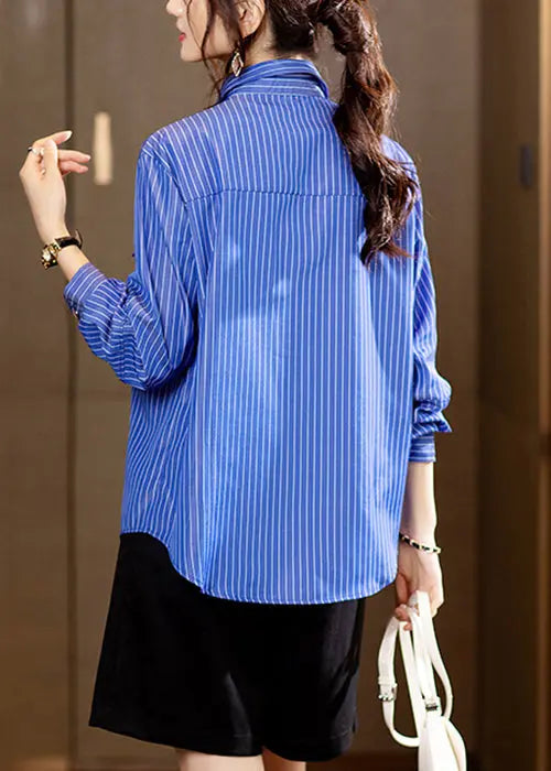 New Blue Striped Button Patchwork Cotton Shirts Long Sleeve Ada Fashion