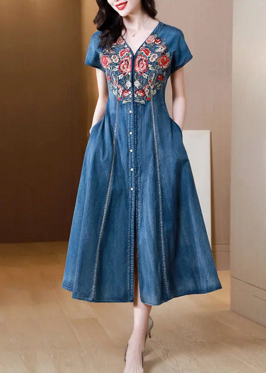 New Blue V Neck Embroideried Patchwork Denim Dress Summer Ada Fashion