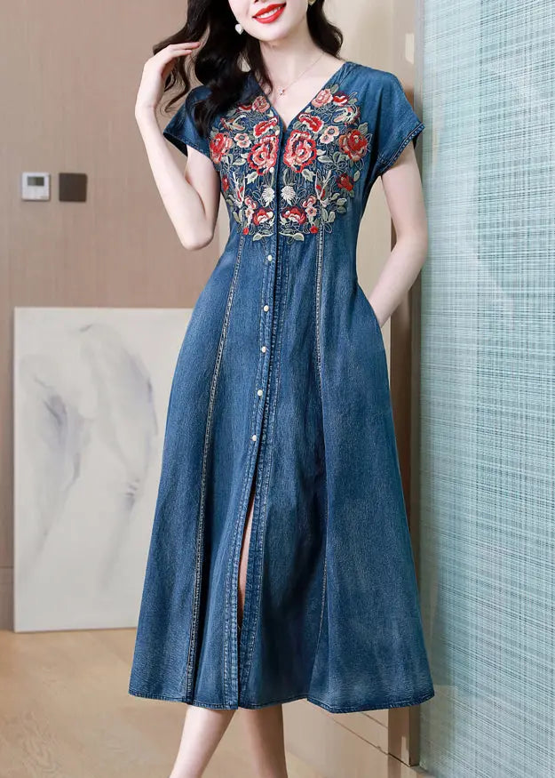 New Blue V Neck Embroideried Patchwork Denim Dress Summer Ada Fashion