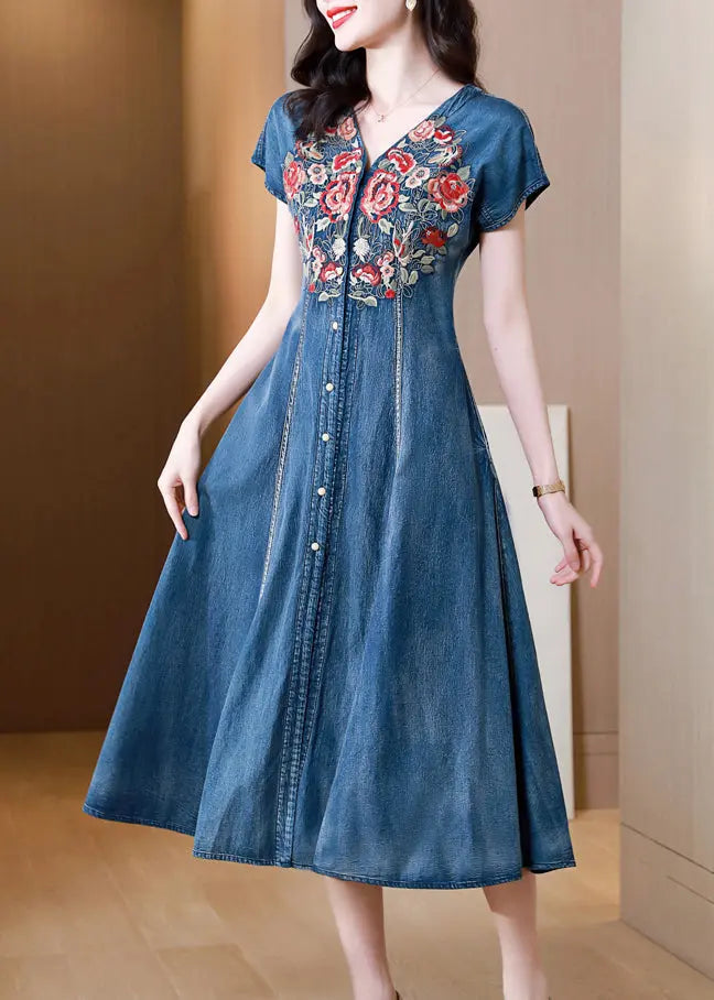 New Blue V Neck Embroideried Patchwork Denim Dress Summer Ada Fashion