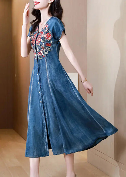 New Blue V Neck Embroideried Patchwork Denim Dress Summer Ada Fashion