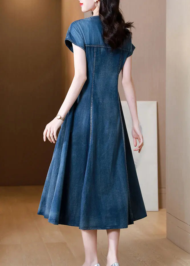 New Blue V Neck Embroideried Patchwork Denim Dress Summer Ada Fashion