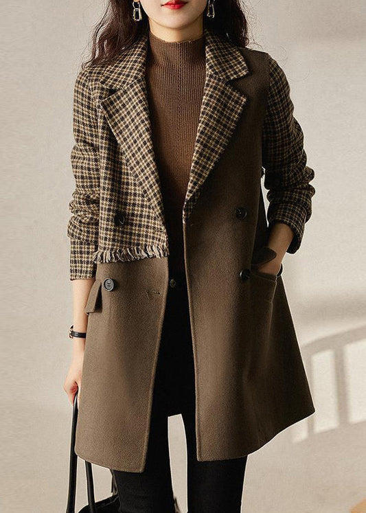 New Brown Plaid Pockets Patchwork Woolen Coat Long Sleeve Ada Fashion