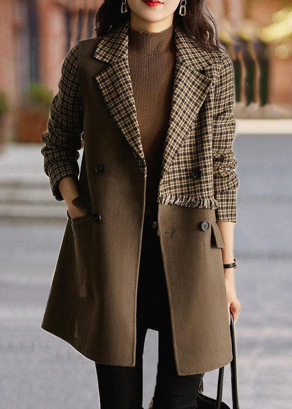 New Brown Plaid Pockets Patchwork Woolen Coat Long Sleeve Ada Fashion