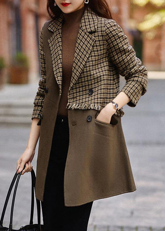 New Brown Plaid Pockets Patchwork Woolen Coat Long Sleeve Ada Fashion