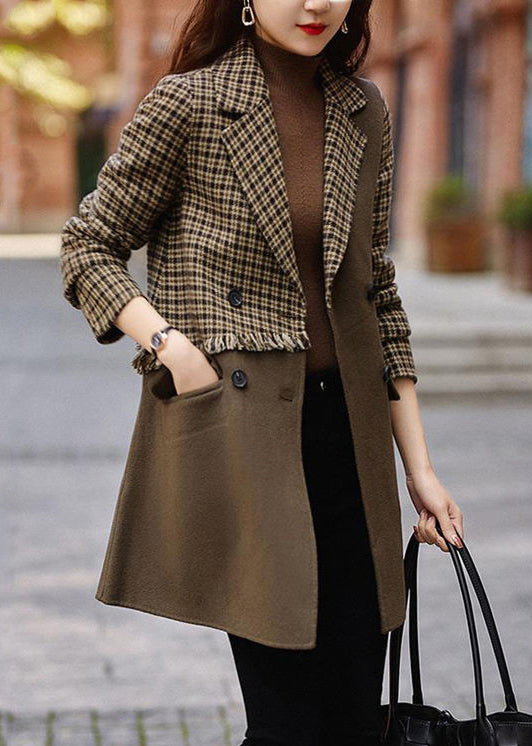 New Brown Plaid Pockets Patchwork Woolen Coat Long Sleeve Ada Fashion