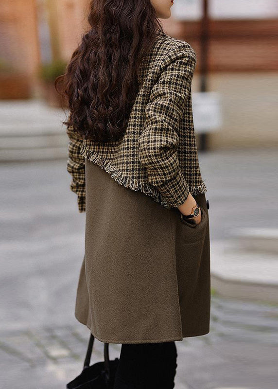 New Brown Plaid Pockets Patchwork Woolen Coat Long Sleeve Ada Fashion