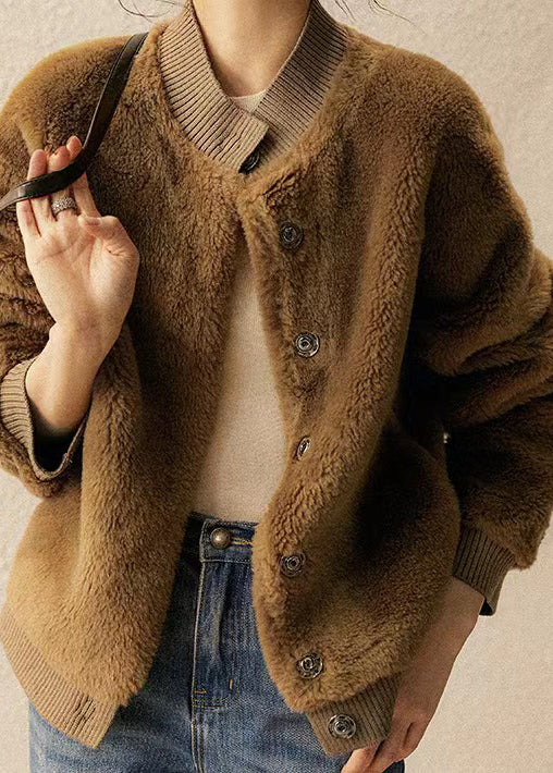 New Brown Stand Collar Pockets Patchwork Wool Jacket Winter Ada Fashion