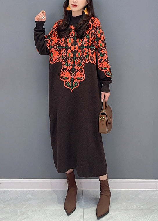 New Brown Turtleneck Print Patchwork Knit Long Dress Fall Ada Fashion