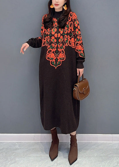 New Brown Turtleneck Print Patchwork Knit Long Dress Fall Ada Fashion