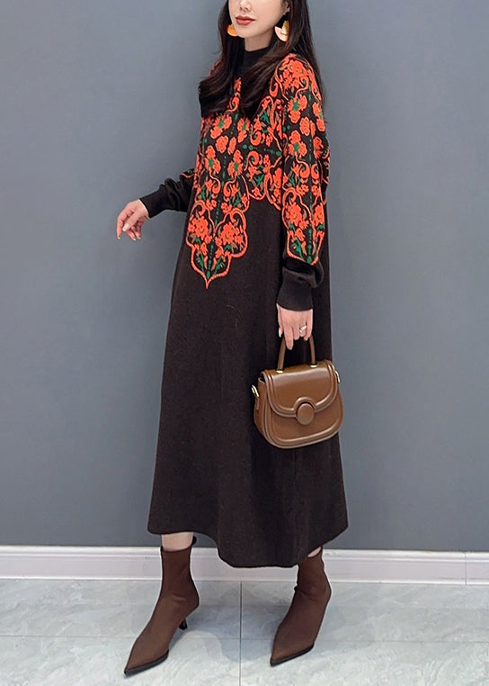 New Brown Turtleneck Print Patchwork Knit Long Dress Fall Ada Fashion