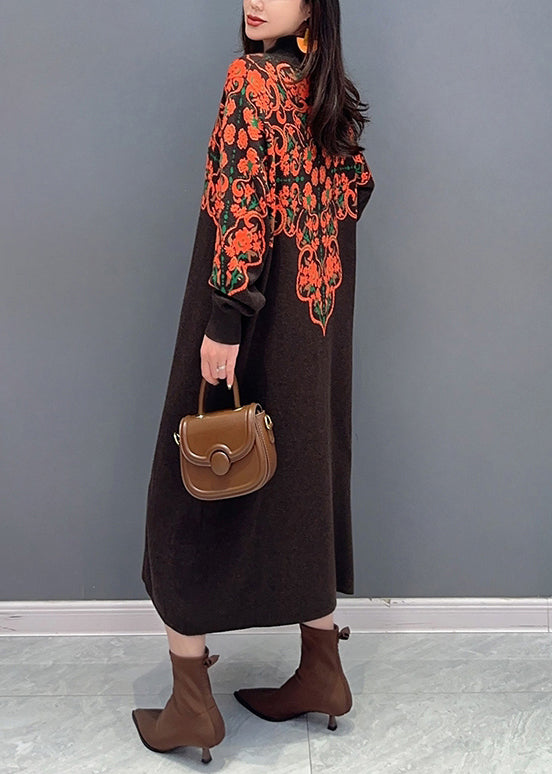 New Brown Turtleneck Print Patchwork Knit Long Dress Fall Ada Fashion