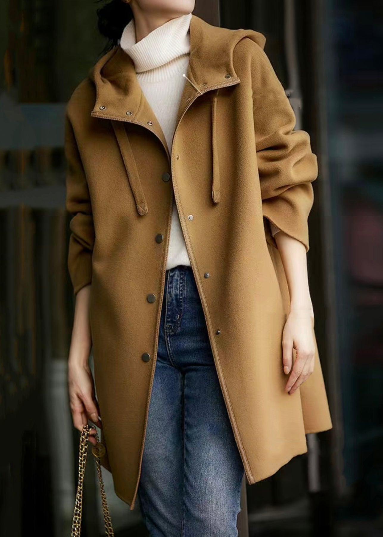 New Camel Hooded Button Pockets Woolen Long Coat Fall Ada Fashion