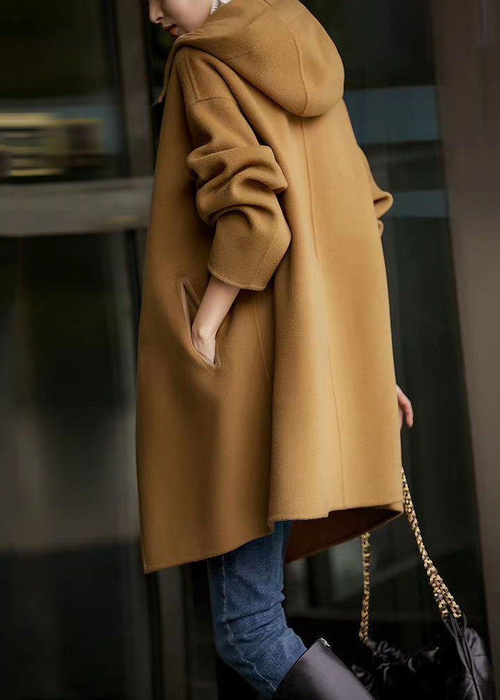 New Camel Hooded Button Pockets Woolen Long Coat Fall Ada Fashion