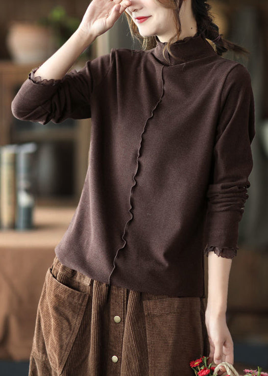 New Coffee Turtleneck Ruffled Patchwork Cotton Top Long Sleeve Ada Fashion