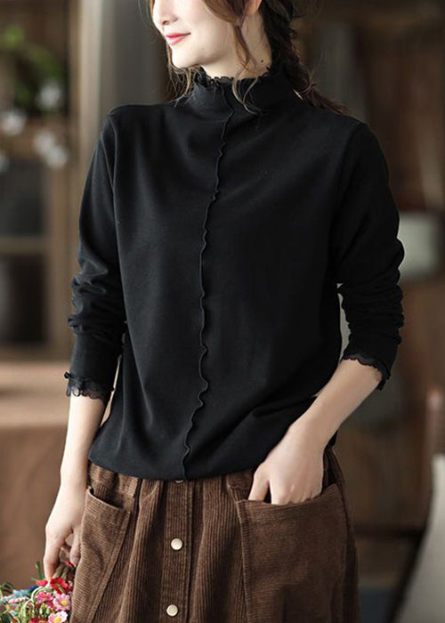 New Coffee Turtleneck Ruffled Patchwork Cotton Top Long Sleeve Ada Fashion