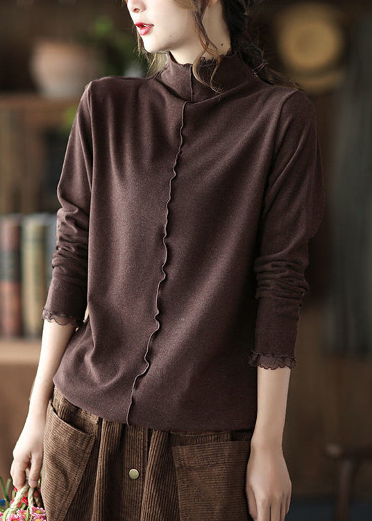 New Coffee Turtleneck Ruffled Patchwork Cotton Top Long Sleeve Ada Fashion