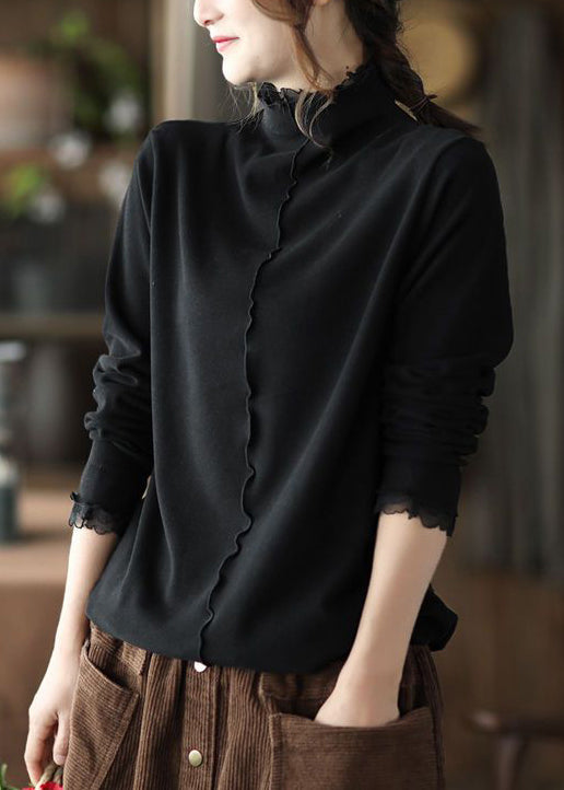 New Coffee Turtleneck Ruffled Patchwork Cotton Top Long Sleeve Ada Fashion