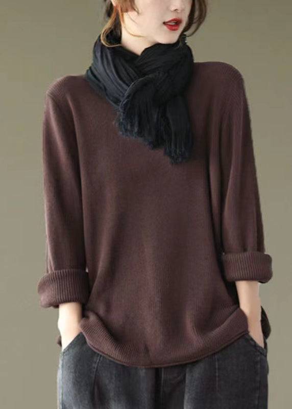 New Coffee V Neck Cozy Knitting Cotton Top Long Sleeve Ada Fashion