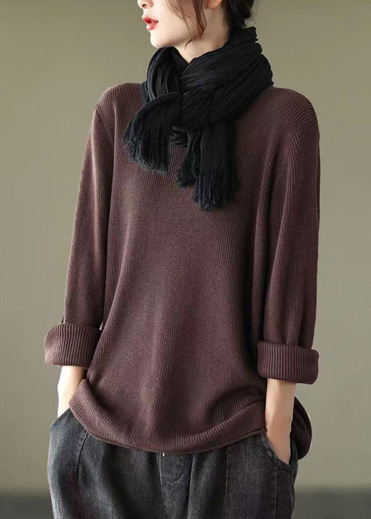 New Coffee V Neck Cozy Knitting Cotton Top Long Sleeve Ada Fashion