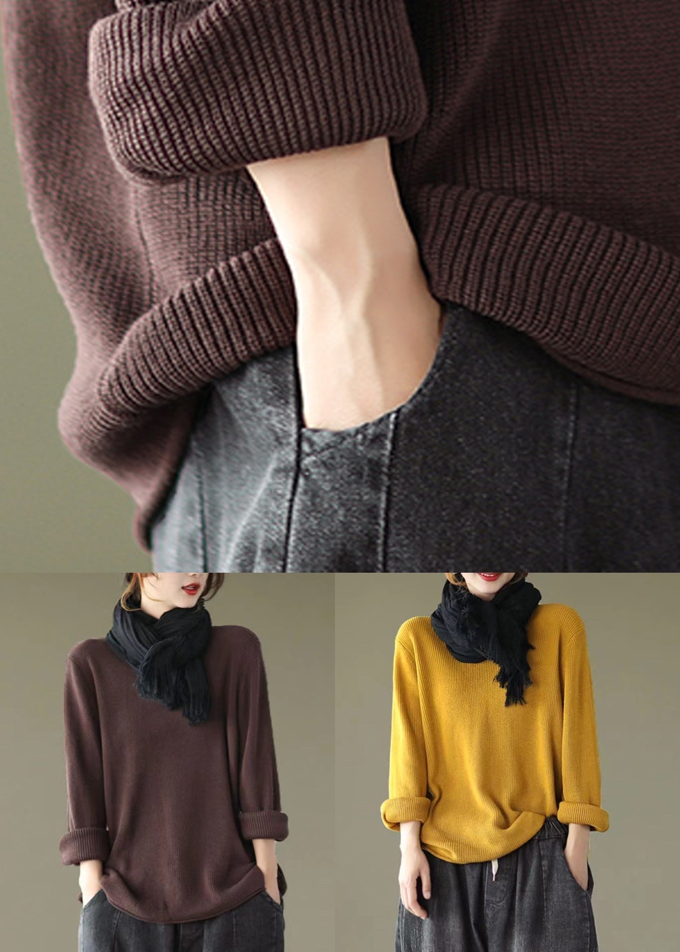 New Coffee V Neck Cozy Knitting Cotton Top Long Sleeve Ada Fashion