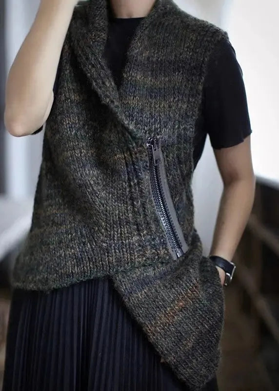 New Dark Gray Asymmetrical Zippered Cotton Knit Waistcoat Sleeveless Ada Fashion