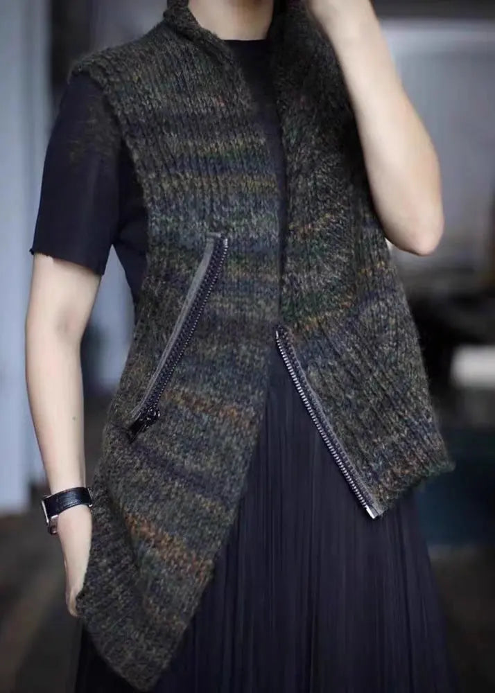 New Dark Gray Asymmetrical Zippered Cotton Knit Waistcoat Sleeveless Ada Fashion