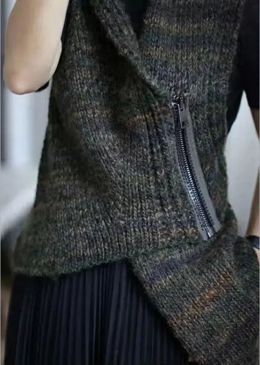 New Dark Gray Asymmetrical Zippered Cotton Knit Waistcoat Sleeveless Ada Fashion